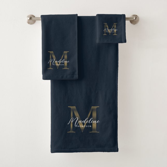 Conjunto De Toalhas Monograma Dourado Metálico Azul Marinho Script Min (Insitu)