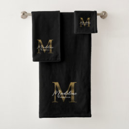 Conjunto De Toalhas Monograma Dourado Metálico Preto com Script Minima
