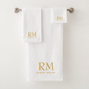 Conjunto De Toalhas Monograma Dourado Moderno em Branco