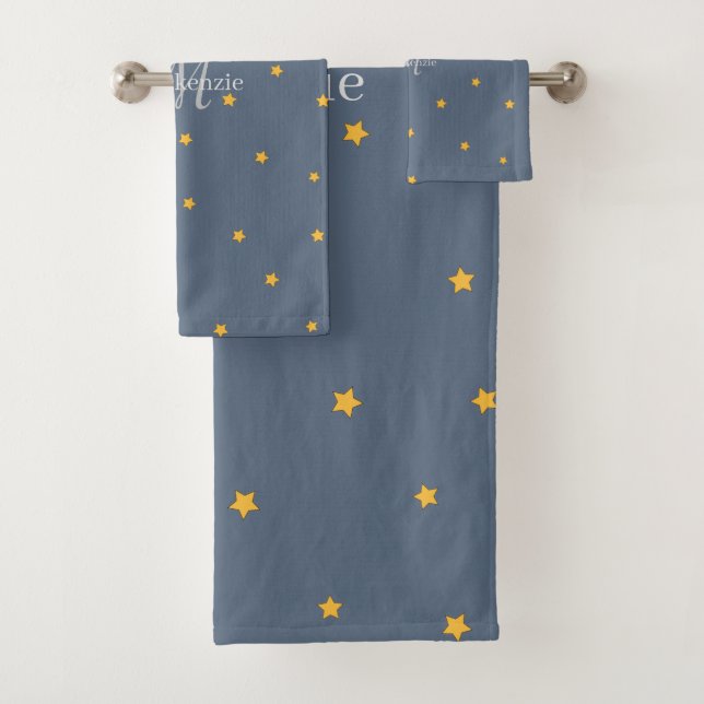 Conjunto De Toalhas Monograma Dusty Blue Lucky Stars Nome Personalizad (Insitu)