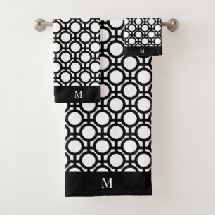 Conjunto De Toalhas Monograma e Círculos Abstratos Pretos em Branco 