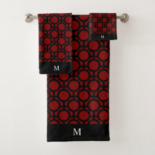 Conjunto De Toalhas Monograma e Círculos Abstratos Pretos sobre Vermel