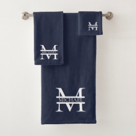 Conjunto De Toalhas Monograma e Nome Azul do Marinho Elegante Personal