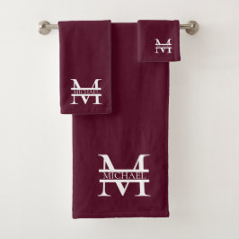 Conjunto De Toalhas Monograma e Nome da Borgonha Elegante Personalizad