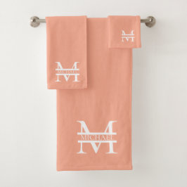 Conjunto De Toalhas Monograma e Nome do Pêssego Elegante Personalizado