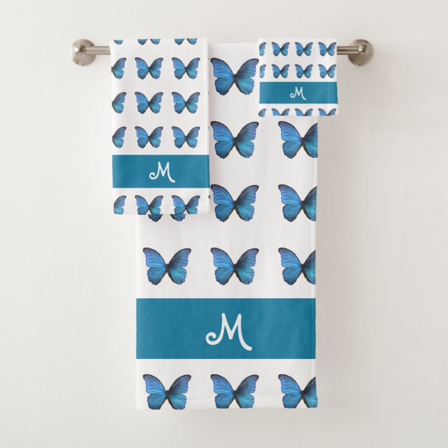 Conjunto De Toalhas Monograma e Padrão de Borboleta Azul em Branco  (Insitu)