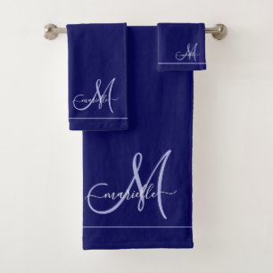 Conjunto De Toalhas Monograma Elegante Azul Marinho inicial
