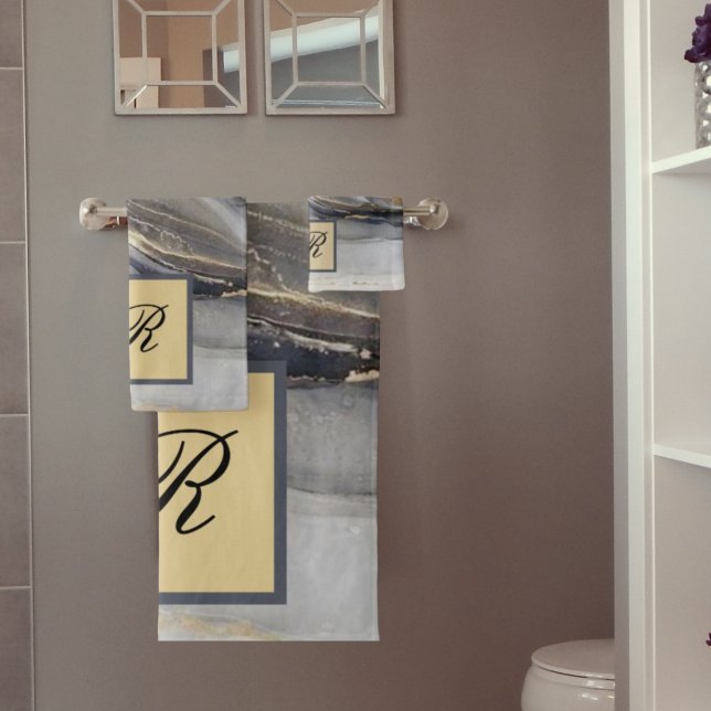 Conjunto De Toalhas Monograma Elegante Bonito de Mármore Negro Dourado (Criador carregado)