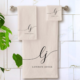 Conjunto De Toalhas Monograma Elegante Caligrafia Mínima Rosa Esmagada