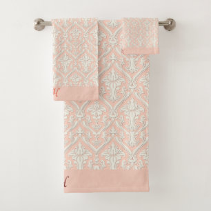 Conjunto De Toalhas Monograma Elegante Damasco de Pêssego e Branco
