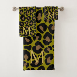 Conjunto De Toalhas Monograma Elegante de Leopardo Verde Oliva