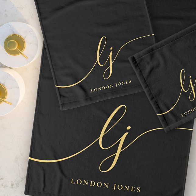 Conjunto De Toalhas Monograma Elegante Mínimo de Na moda Chic Preto Do (Criador carregado)