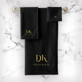 Conjunto De Toalhas Monograma Elegante Mínimo, Na moda Dourado Preto