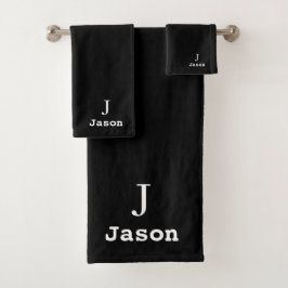 Conjunto De Toalhas Monograma Elegante Nome inicial Preto Personalizad