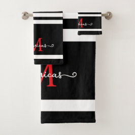Conjunto De Toalhas Monograma Elegante Nome Personalizado Preto Branco