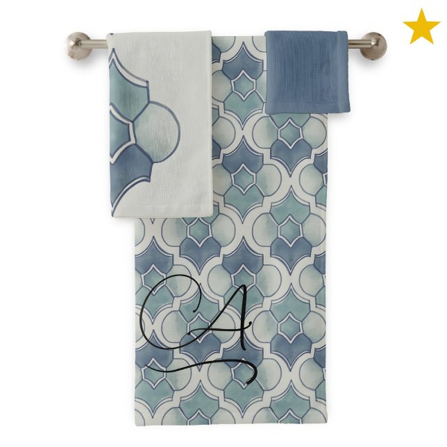 Conjunto De Toalhas Monograma em Azul Pastel com Padrão Geométrico de  (Criador carregado)
