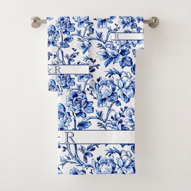 Conjunto De Toalhas Monograma Floral Branco e Azul Elegante (Insitu)