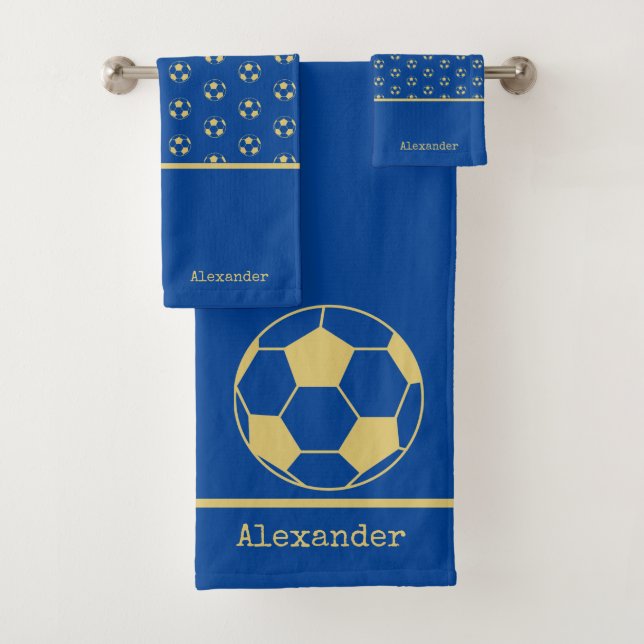 Conjunto De Toalhas Monograma Futebol Dourado Azul (Insitu)
