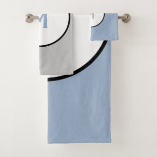 Conjunto De Toalhas Monograma Geométrico Azul Prata Branca Preto