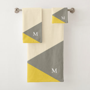 Conjunto De Toalhas Monograma Geométrico de Cinza e Amarelo Moderno
