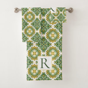 Conjunto De Toalhas Monograma geométrico mediterrânico de azulejo verd