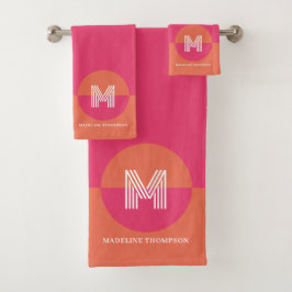 Conjunto De Toalhas Monograma Geométrico Moderno Rosa Laranja Retro