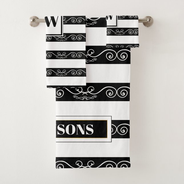 Conjunto De Toalhas Monograma listrado branco preto (Insitu)