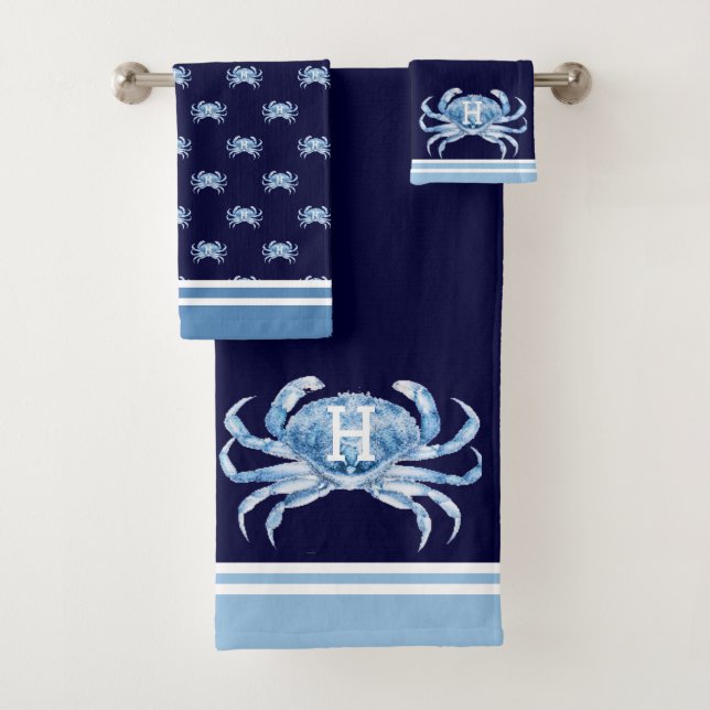 Conjunto De Toalhas Monograma Marinho Azul Aquarela Caranguejo Náutico (Insitu)