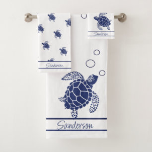Conjunto De Toalhas Monograma Marinho de Tartaruga do Mar Azul Branco 