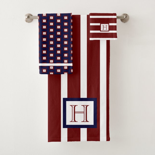 Conjunto De Toalhas Monograma Maroon Vermelho Marinho Azul (Insitu)