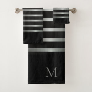 Conjunto De Toalhas Monograma Modern Silver Strips em Preto