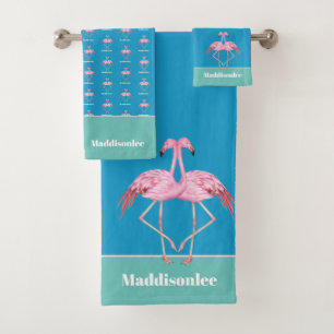 Conjunto De Toalhas Monograma Moderno Nome Azul Teal Rosa Flamingo