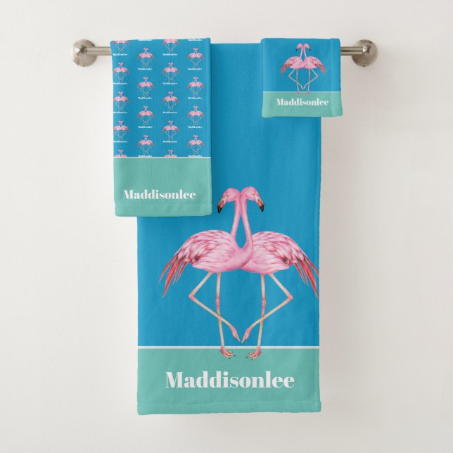 Conjunto De Toalhas Monograma Moderno Nome Azul Teal Rosa Flamingo (Insitu)