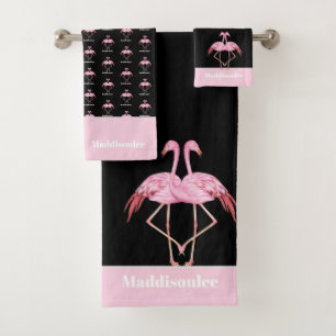 Conjunto De Toalhas Monograma Moderno Nome Black Pink Flamingo Bath To