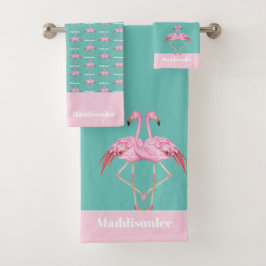 Conjunto De Toalhas Monograma Moderno Nome Teal Pink Flamingo