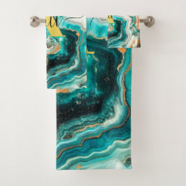 Conjunto De Toalhas Monograma Moderno Personalizado de Ouro Aqua Agate