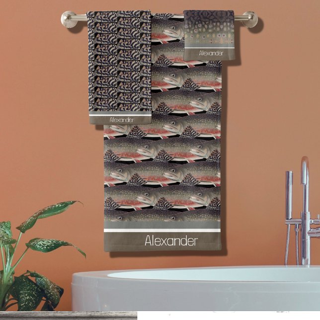 Conjunto De Toalhas Monograma Moderno Truta Peixe Design Cinza Branco  (Criador carregado)