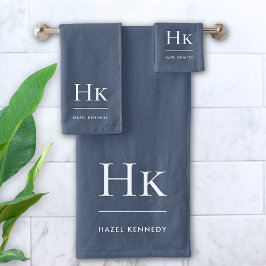 Conjunto De Toalhas Monograma - Na moda branco azul Elegante mínimo Ma