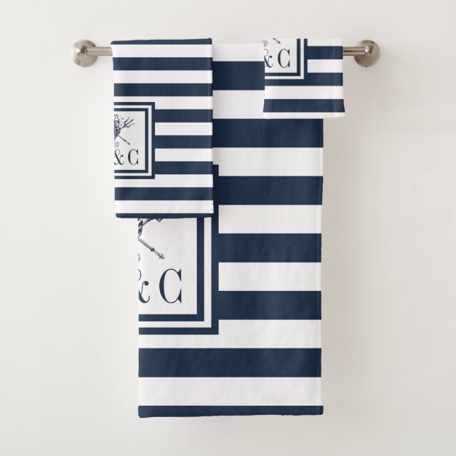 Conjunto De Toalhas Monograma Náutico de Stripe Azul Marinho (Insitu)