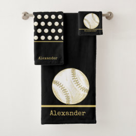 Conjunto De Toalhas Monograma Nome Dourado Baseball Black