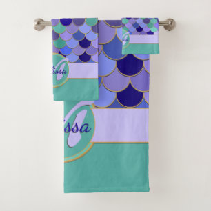 Conjunto De Toalhas Monograma + Nome Mermaid Aqua Teto Azul Roxo