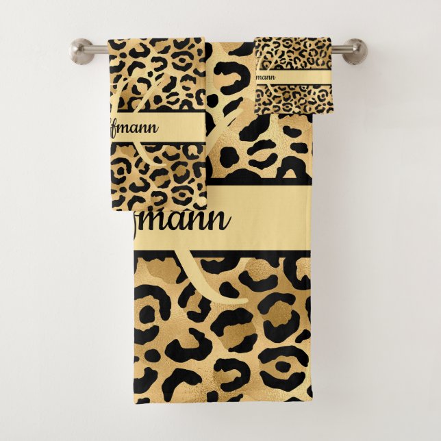 Conjunto De Toalhas Monograma Nome preto Leopardo-Dourado (Insitu)