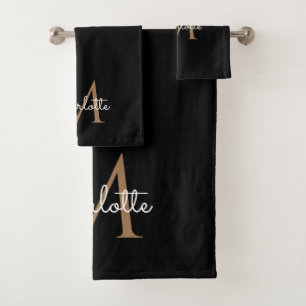 Conjunto De Toalhas Monograma Ouro Preto Elegante Letra Feminina