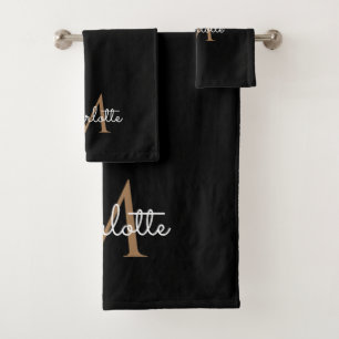 Conjunto De Toalhas Monograma Ouro Preto Elegante Letra Feminina