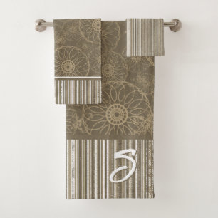 Conjunto De Toalhas Monograma, Padrão de Boho Marrom e Stripes Brancas