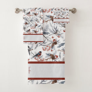 Conjunto De Toalhas Monograma Pássaro Branco Cinza Ramo Prata Frutas V