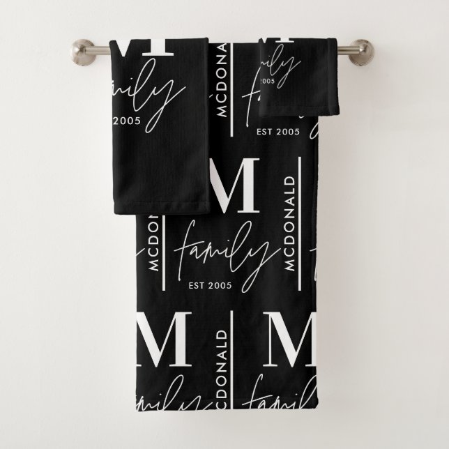 Conjunto De Toalhas Monograma personalizado da família moderna negra (Insitu)