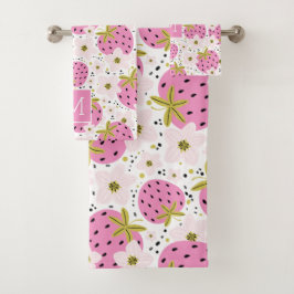 Conjunto De Toalhas Monograma Personalizado de Morangos Rosa