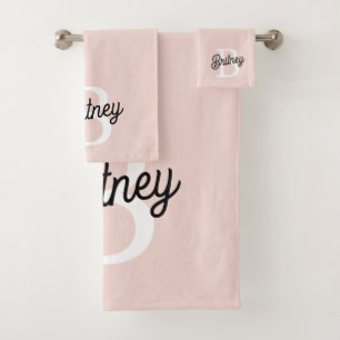 Conjunto De Toalhas Monograma Personalizado Moderno e Nome Pastel Rosa