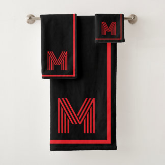 Conjunto De Toalhas Monograma Personalizado Preto e Vermelho Elegante
